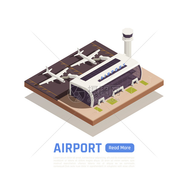 机场等距背景与现代航站楼附近的飞机图像与可编辑文本按钮矢量插图图片