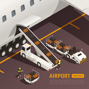 机场等距背景与可编辑文本室外成的输送机卡车装载袋飞机矢量插图图片