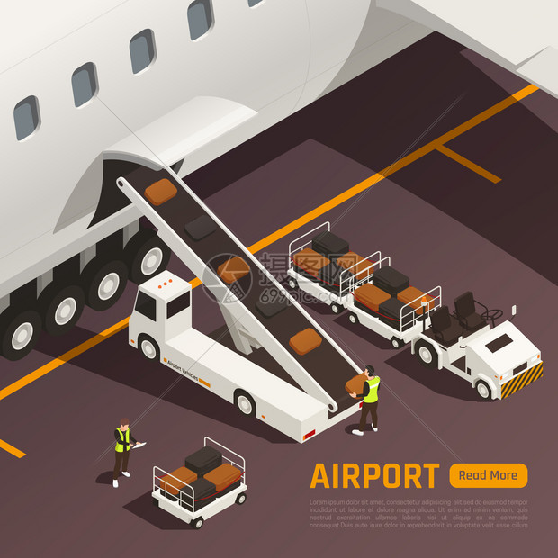 机场等距背景与可编辑文本室外成的输送机卡车装载袋飞机矢量插图图片