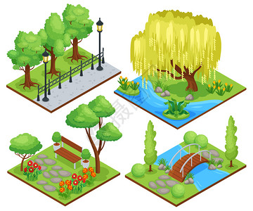 自然公园保护景观游憩区4等距构图与垂柳花坛矢量插图背景图片