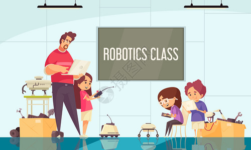 机器人类卡通构图,教师演示无人机机器人矢量插图的运动控制图片