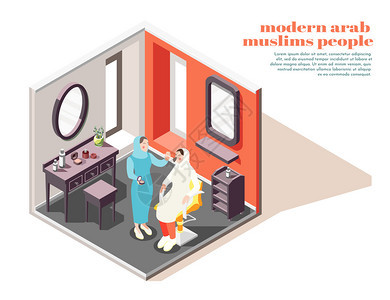 现代阿拉伯美容院内部等距构图与造型师应用化妆穆斯林女士客户矢量插图图片