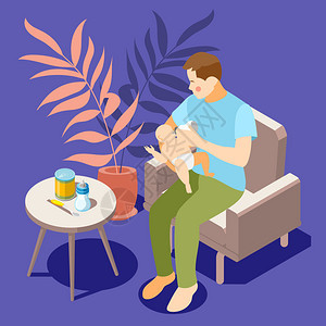 婴儿护理等距背景构图,父亲舒适地坐扶手椅上,享受奶瓶喂养婴儿矢量插图图片