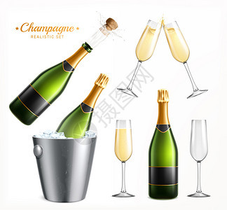 香槟现实的瓶子饮用璃图像与华丽的文本空白背景矢量插图图片