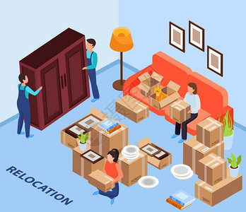 搬迁服务背景与家具运输符号等距矢量插图背景图片