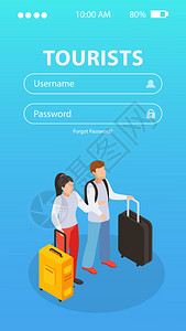 游客移动应用程序与用户名密码符号等距矢量插图图片