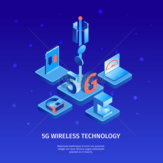 等距5g互联网彩色背景与电信塔电子设备的图像与可编辑的文本矢量插图图片