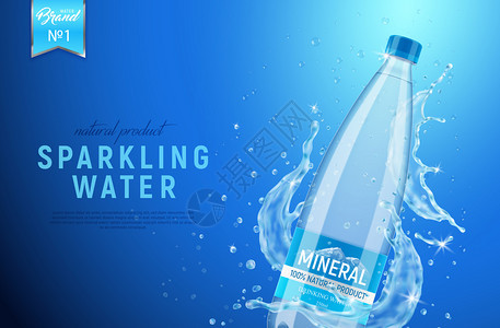 逼真的矿泉水海报广告成与水喷雾品牌瓶包装与可编辑的文本矢量插图背景图片