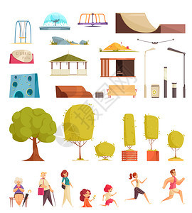 城市公园平灯笼,树木,长凳,滑板元素,秋千,跑步者,散步,编人矢量插图图片