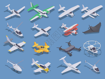 航空运输等距图标小飞机,直升机无人机隔离蓝色背景三维矢量插图图片