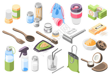 零废物等距图标彩色容器袋,个人卫生项目餐具三维孤立矢量插图图片