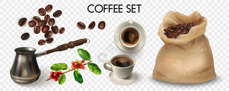 彩色现实咖啡透明图标铁Cezve杯咖啡豆类矢量插图图片