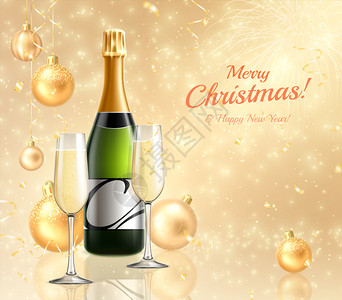 背景现实香槟新与绿色瓶香槟璃黄金背景矢量插图图片