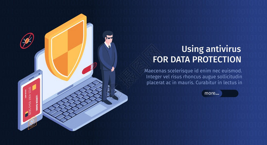 等距黑客水平横幅与计算机安全图像,可编辑文本滑块按钮,以获得更多的信息矢量插图背景图片