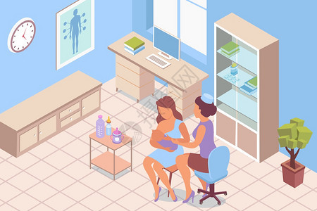 母乳喂养咨询,哺乳等距成与临床室的室内风景与医生护理妇女矢量插图图片