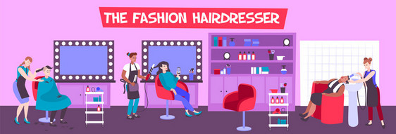 发廊内部与客户理发师创造时尚的发型平矢量插图图片