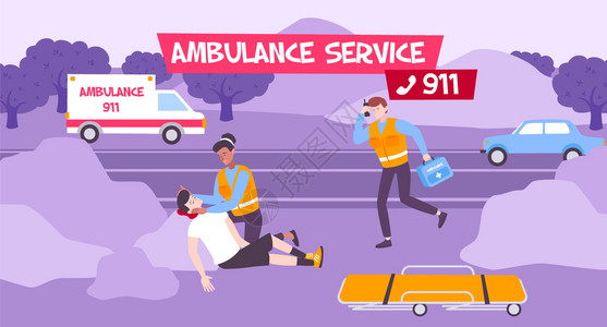 救护车服务矢量插图与医生队提供急救病人户外图片