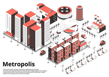 大都市街道等距背景与文字鸟瞰现代城市街区与汽车矢量插图图片