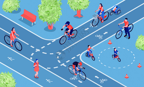 空中自行车道自行车友好型城市等距构图,人们骑自行车双向自行车道自行车道矢量插图插画