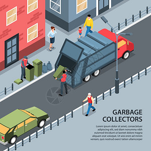 等距垃圾废物回收背景与可编辑的文本室外街道视图与人卡车矢量插图图片