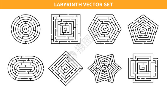 迷宫游戏黑集与八个同形状的孤立迷宫方案的空白背景矢量插图图片