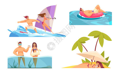 套四个海滩成与扁平的人,人物棕榈树海洋水矢量插图图片
