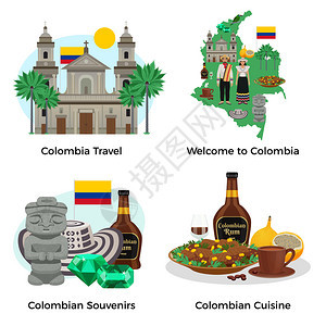哥伦比亚旅游图标纪念品美食符号平孤立矢量插图图片