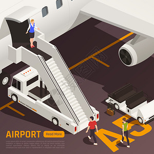 飞机楼梯机场等距背景,由飞机简易卡车可点击按钮文本矢量插图成插画