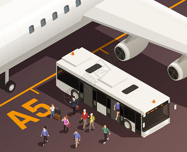 机场等距成与室外视野的人走出穿梭巴士与飞机机翼矢量插图图片