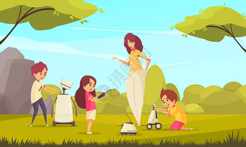 机器人玩具为儿童矢量插图与儿童大自然中玩机器人成妇女的监督下背景图片