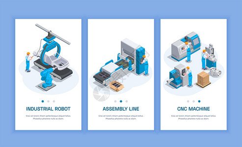 工业设备套三个等距垂直横幅与可编辑文本人类字符机床矢量插图背景图片