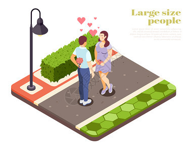 大尺寸的人浪漫的户外约会等距构图与灯笼下的情侣飞心符号矢量插图背景图片