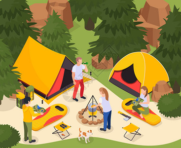 野营徒步旅行等距构图与森林风景人与帐篷睡袋篝火矢量插图图片