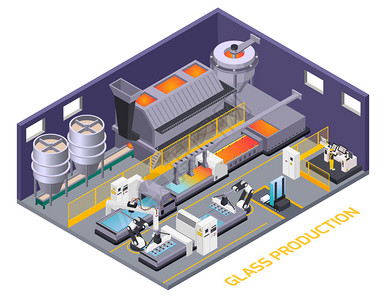 机器制作璃生产等距成的文本室内风景与生产线自动输送机与机械手矢量插图插画