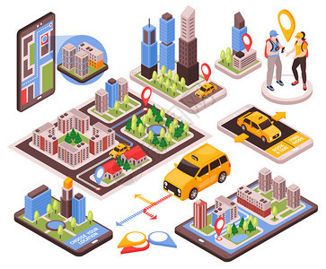 出租车服务导航系统等距元素与3D客户黄色汽车智能手机等距矢量插图图片