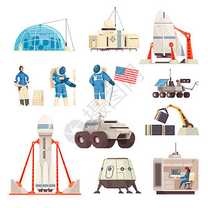 火星探索殖民任务平图标收集与航天器宇航员太空服与漫游者矢量插图背景图片