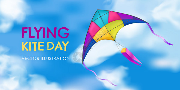 彩色现实的风筝横幅与放风筝日标题天空矢量插图图片
