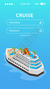 海上邮轮预订移动应用程序与用户名密码输入轮图像等距矢量插图图片