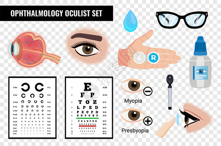 眼科眼集与图像视觉检查表,眼睛药物透明的背景矢量插图图片