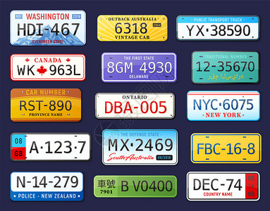 车牌扫描真实的汽车号码与彩色图像的汽车车牌与可编辑的文本矢量插图插画