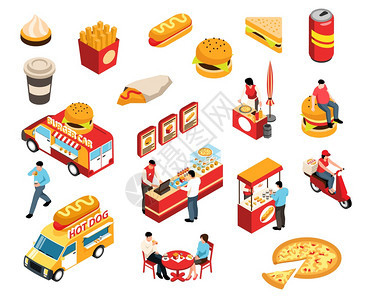 等距街道食品集与快餐产品,饮料,卡车人矢量插图的孤立图标图片