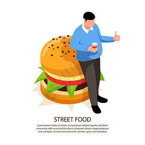 等距街道食品胖子背景与文本成汉堡图像脂肪男字符矢量插图图片