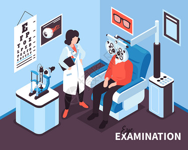 等距眼科成与文本室内视图的医生办公室与医疗器械人类字符矢量插图背景图片