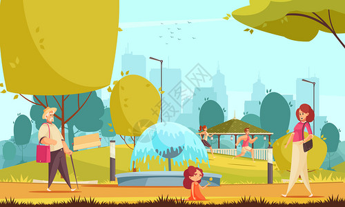 城市公园夏季平构图与跑步小女孩与母亲附近喷泉城市景观背景矢量插图图片