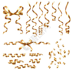 金色卷曲丝带蛇形写实与图像节日装饰空白背景矢量插图图片