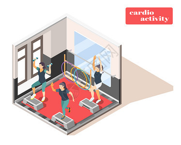 健身中心设施内部等距成与氧活动手权量室内锻炼矢量插图图片