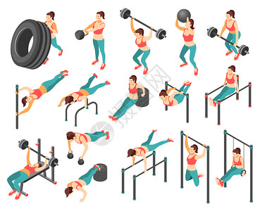 交叉健身等距图标与妇女锻炼与杠铃轮胎水平杆3D隔离白色背景矢量插图图片