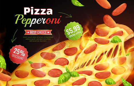 比萨饼广告的构图与现实的比萨饼切片与可编辑的文本章与价格矢量插图图片