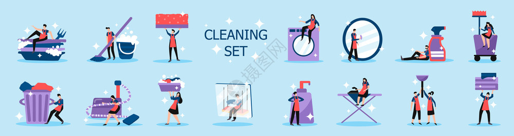 家务专业家居工业清洁服务人员工具平图标背景孤立矢量插图图片