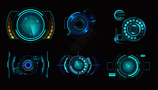 黑色背景矢量插图上隔离的HUD用户界雷达集仿真飞船高科技目标屏幕元素背景图片